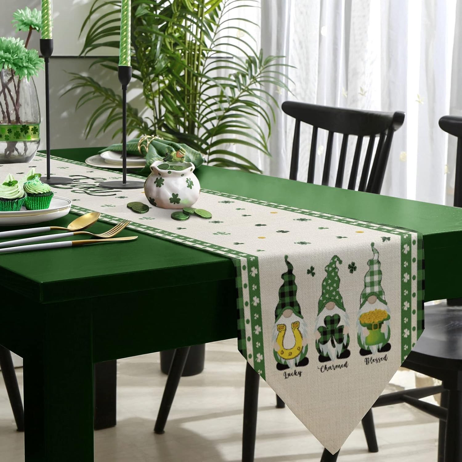 St. Patrick's Day Gnome Table Runner Green Shamrock Lucky Clover Dresser Scarves Green Plaid Table Runners Buffalo Check Decorative Runners for St.Patrick's Day, Spring Parties, 18x72 inch