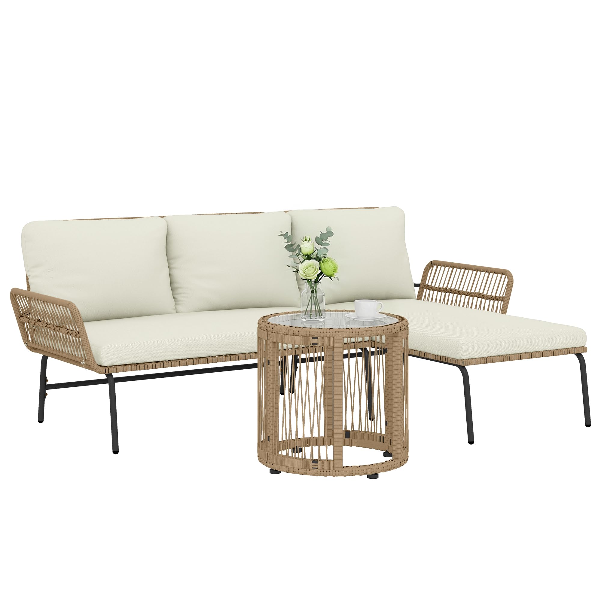 Outsunny Conjunto Jardín Exterior de Ratán con Cojines Conjunto Terraza Resistente a la Intemperie Muebles Jardín Exterior con Sofá de 2 Plazas Chaise Longue y Mesa de Tablero de Vidrio Templado Crema