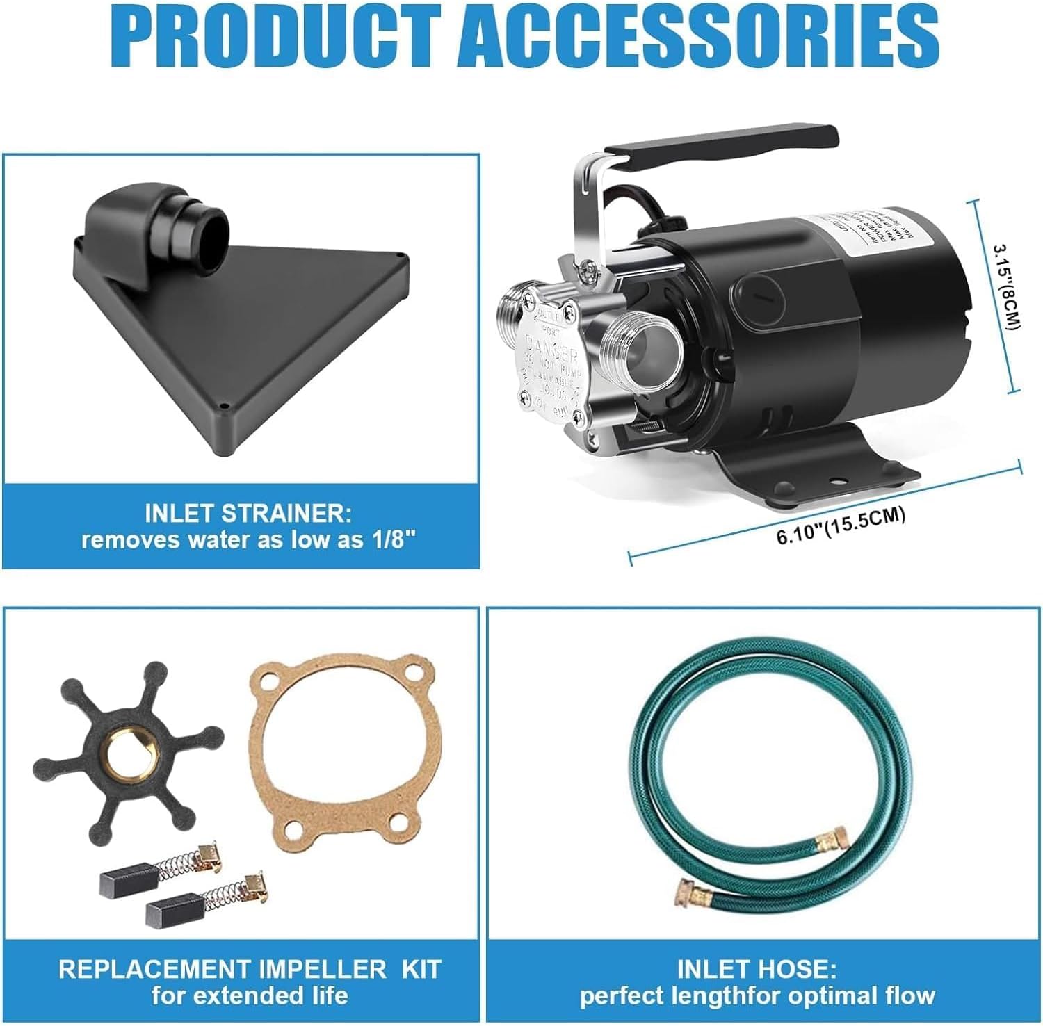 Water Transfer Pump, 115V 1/10HP Electric Utility Pump with On/Off Switch 1 * 6ft Water Hoses Kit for Removing Water from Garden Pools Aquariums Hot Tub Draining 1/8’’ Low Suction