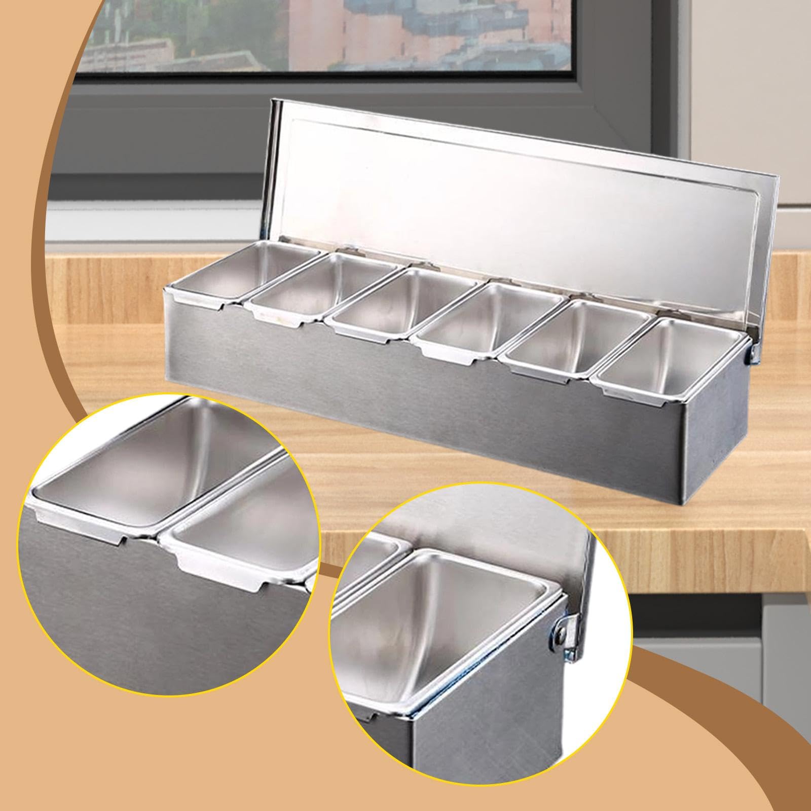 Barattolo per Condimenti in Acciaio Inox, Vassoio Multifunzionale per Condimenti con Scomparti Rimovibili, Organizer per Barbecue E Feste, 6 Griglie