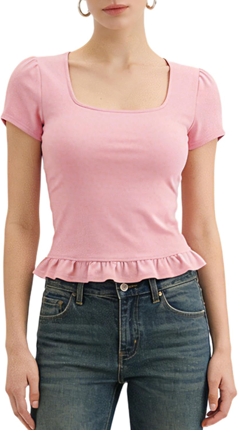 Belle Poque 2026 Summer Cute Tops for Women Short Sleeve Crop Tops Square Neck Ruffle Hem T Shirts - Image 6