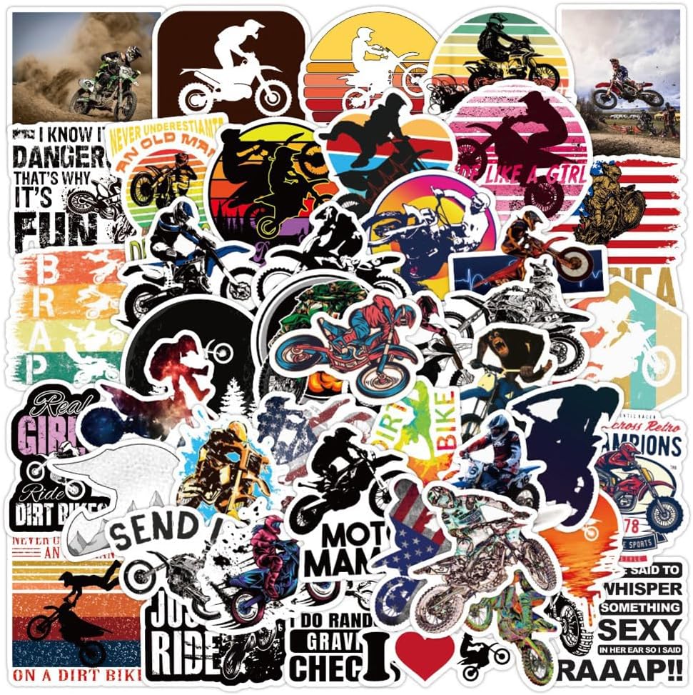 Dirt Bike Stickers |50Pcs Cross Country Motorcycle Waterproof Vinyl Decals for Bike Water Bottles Laptop Bicycle Refrigerator Cup Luggage Computer Mobile Phone Skateboard