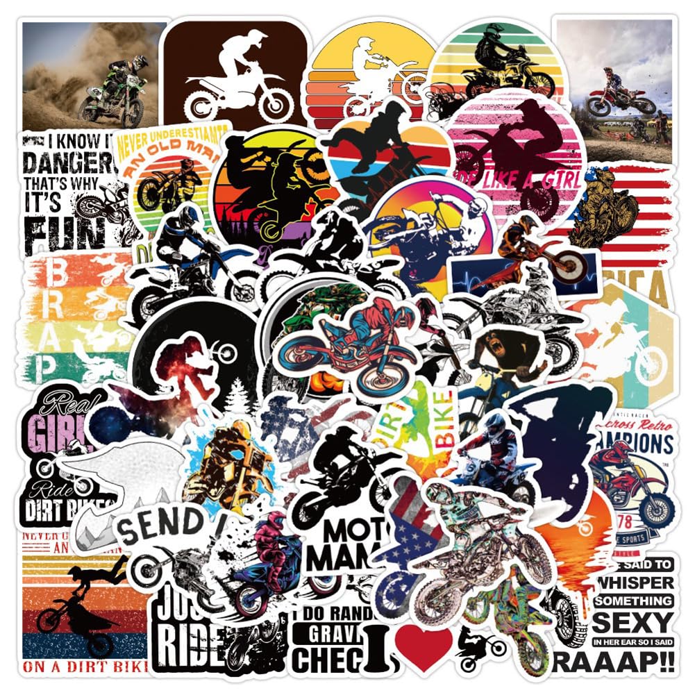 Dirt Bike Stickers |50Pcs Cross Country Motorcycle Waterproof Vinyl Decals for Bike Water Bottles Laptop Bicycle Refrigerator Cup Luggage Computer Mobile Phone Skateboard
