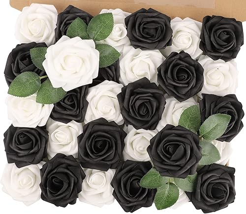 MACTING 30 PCS Flores Artificiales Rosas Negras y Blancas Flores Falsas con Tallo Rosas de Espuma de Tacto Real para Boda Bola de Besos Ramillete