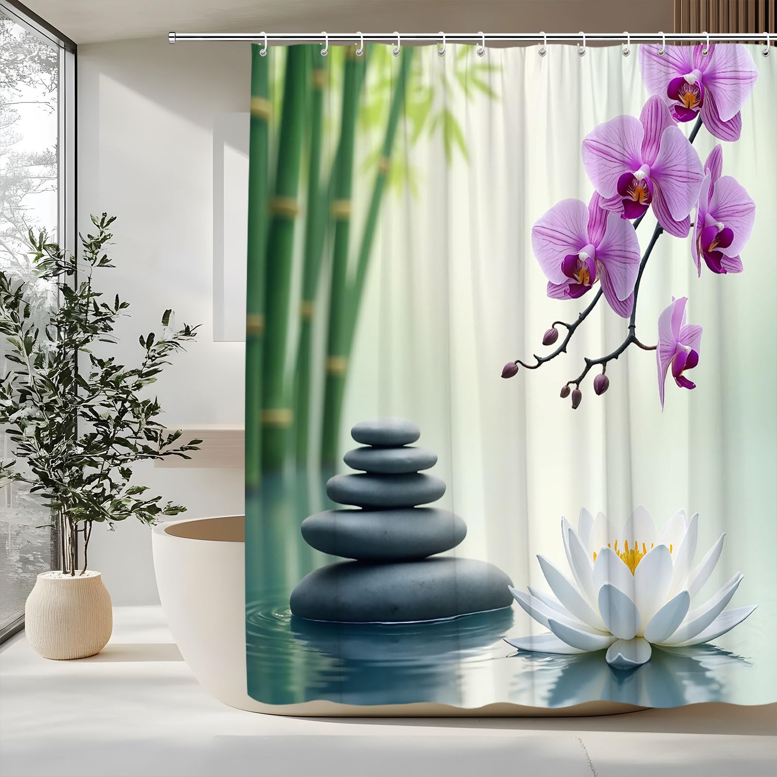 Zen Lotus Flower Shower Curtain Asian Garden Spa Design Orchids and Stones Water Scenery Farmhouse Flower Rustic Landscape Violet Pansy Purple Floral Polyester Fabric Bathroom Decorative Curtain