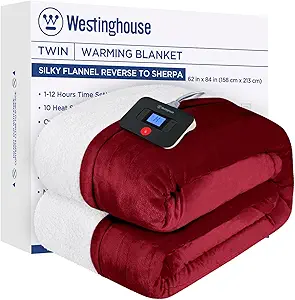 Westinghouse Electric Blanket Twin, Heated Blanket Twin Size with 10 Heating Levels and 1 to 12 Hours Heating Time Settings, Flannel to Sherpa Reversible, Machine Washable (62" x 84", Red)