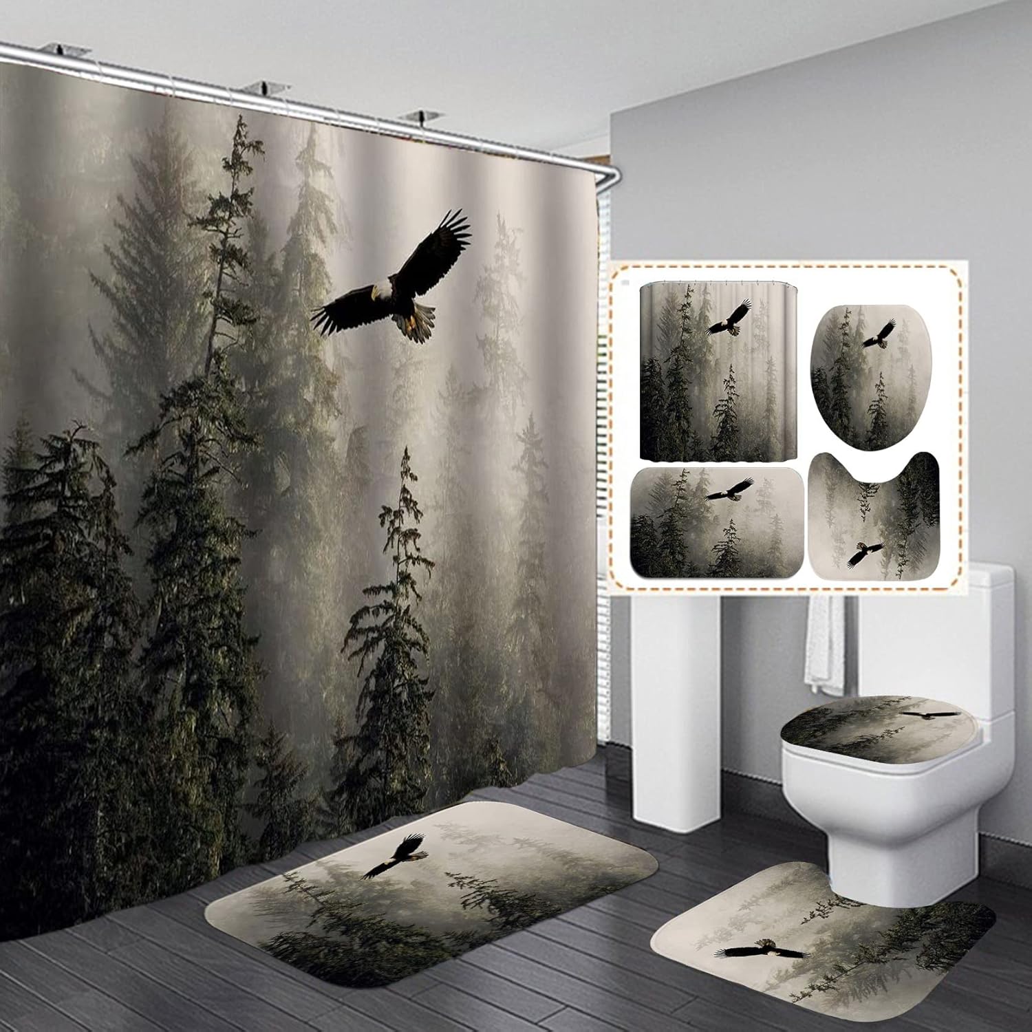 OLEBETY 4PCS/Set Majestic Bald Eagle Shower Curtain, Pine Tree Foggy Woodland Wilderness Animal Wildlife Misty Forest Bathroom Decor, Non-Slip Bath Rugs Toilet Mat, Eagles Gifts for Men, Flying Eagle