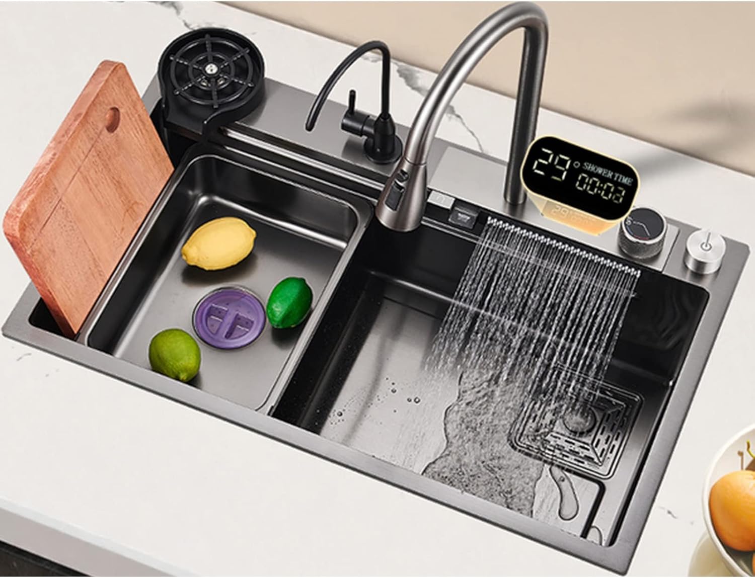 Kitchen Sink, with Rainbow Waterfall Type Faucet Bar Prep Kitchen Sink, Stainless Steel Farmhouse Workstation Sink, Drop-in Or Undermount Installation (Black 75x46cm)