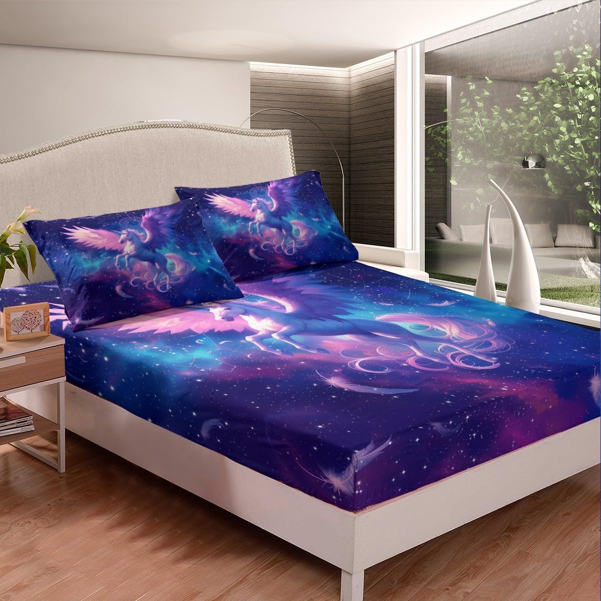 Dreamy Unicorn Fitted Sheet Full Size Starry Galaxy Universe Bedding Set 3pcs for Kids Gorgeous Wing Feathers Bed Cover with 2 Pillowcases Horse Animal Soft Polyester Bedding