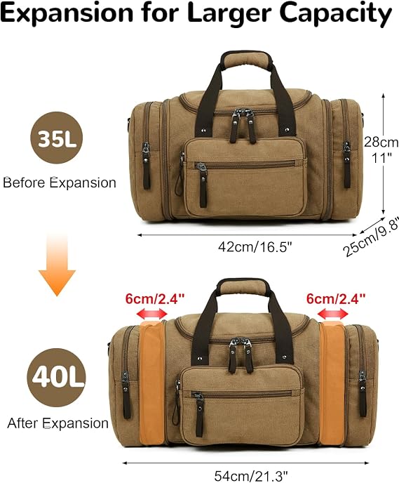 40L Canvas Holdall for Men, Expandable Travel Duffle Bag, Vintage Weekend Bag Hand Luggage for Overnight Hospital Holiday, Khaki