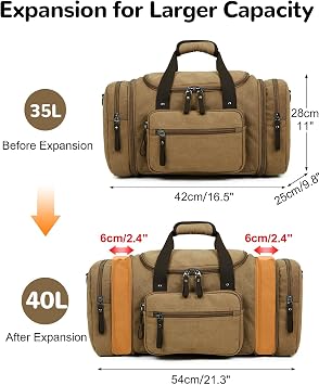 40L Canvas Holdall for Men, Expandable Travel Duffle Bag, Vintage Weekend Bag Hand Luggage for Overnight Hospital Holiday, Khaki