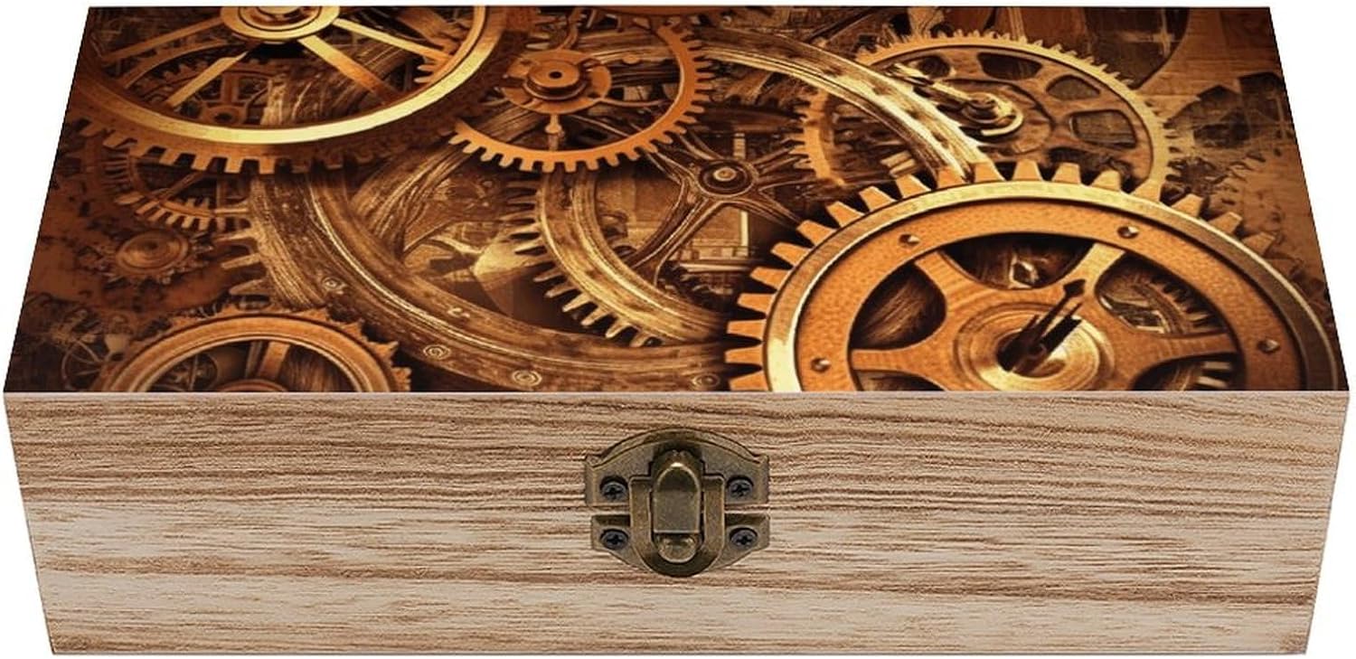 Wooden Storage Box Container,Cool Steampunk Gearsprinted Desk Storage Box Room Decoration Box Souvenir Storage Box for Jewelry Gift Storage And Home Decoration