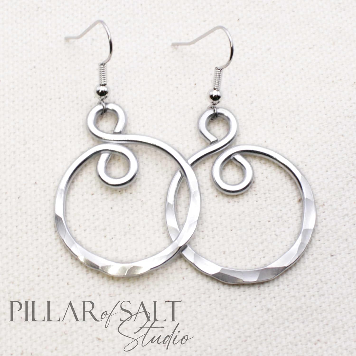 Pillar of Salt Studio Handcrafted Hammered Infinity Silver-Tone Aluminum and Stainless Steel Earrings (Small, 1.25" drop)