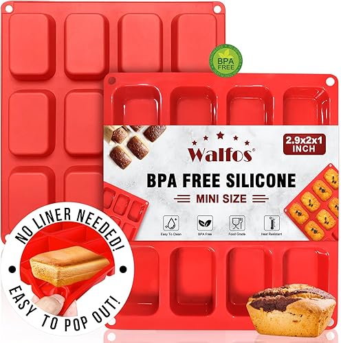 Walfos Mini molde de silicona para pan, 12 cavidades, mini molde para brownie, grado alimenticio y antiadherente, ideal para mini pan, brownie, pan