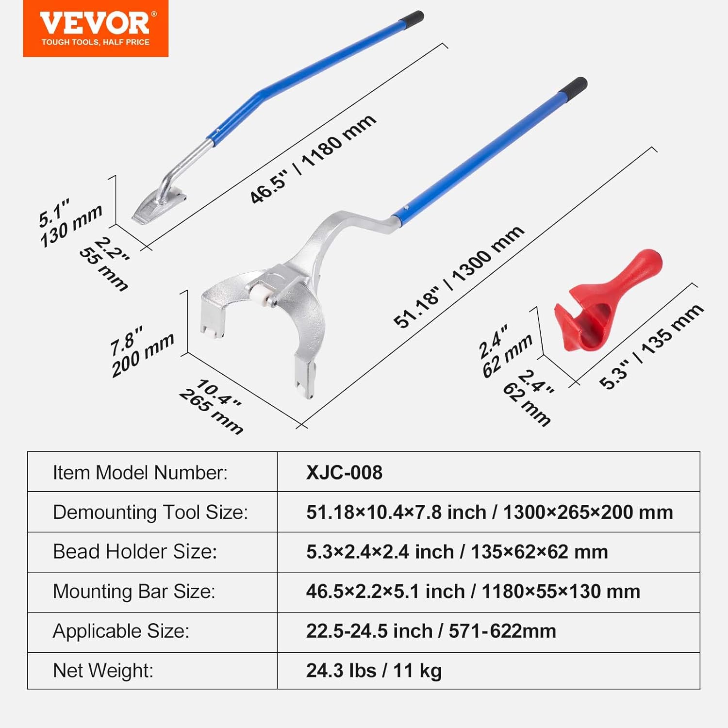 VEVOR Tire Mount Demount Tool 22.5" to 24.5" Tire Changer Steel Bead Breaker Extra Bead Holder Tubeless Truck Manual Tire Changing Tools for Car Repairing(Blue)