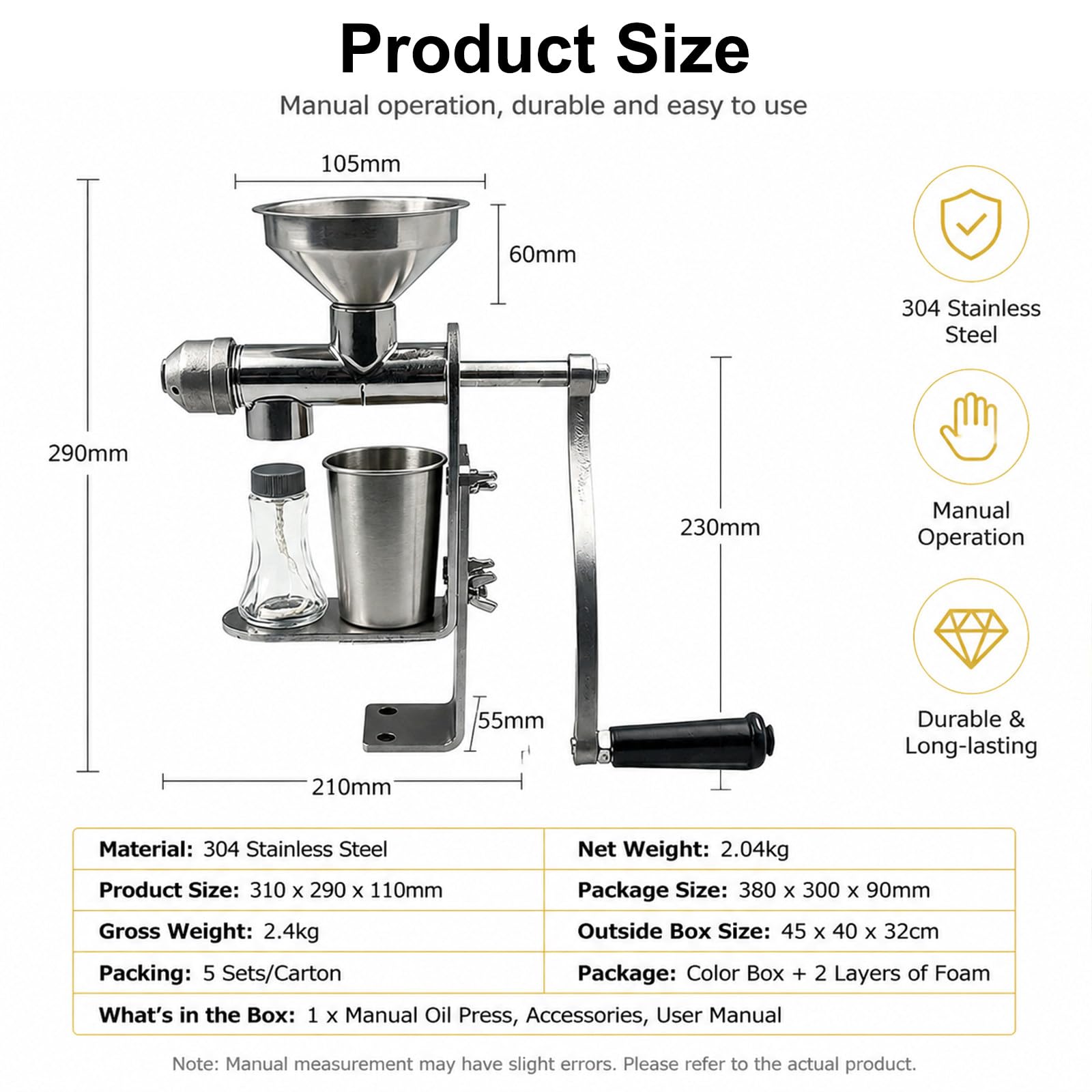Prensa de Aceite Manual, Acero Inoxidable 304, prensado en frío | Para cacahuetes, sésamo, colza, girasol y semillas de té. Soporte de sobremesa con abrazadera resistente y colector.