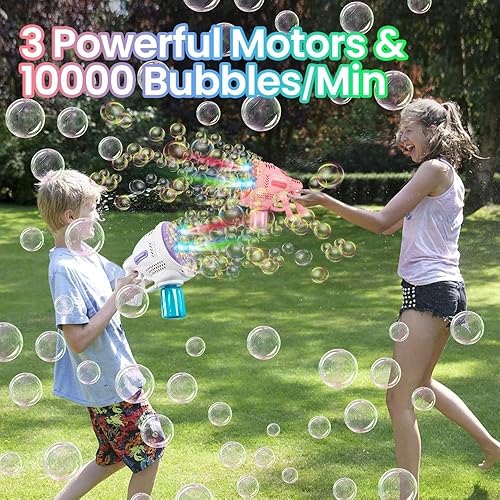 Miniatura 7 de Máquina de burbujas para niños, pistola automática de burbujas con luces, paquete de 20 soluciones de burbujas, fabricante de burbujas recargable
