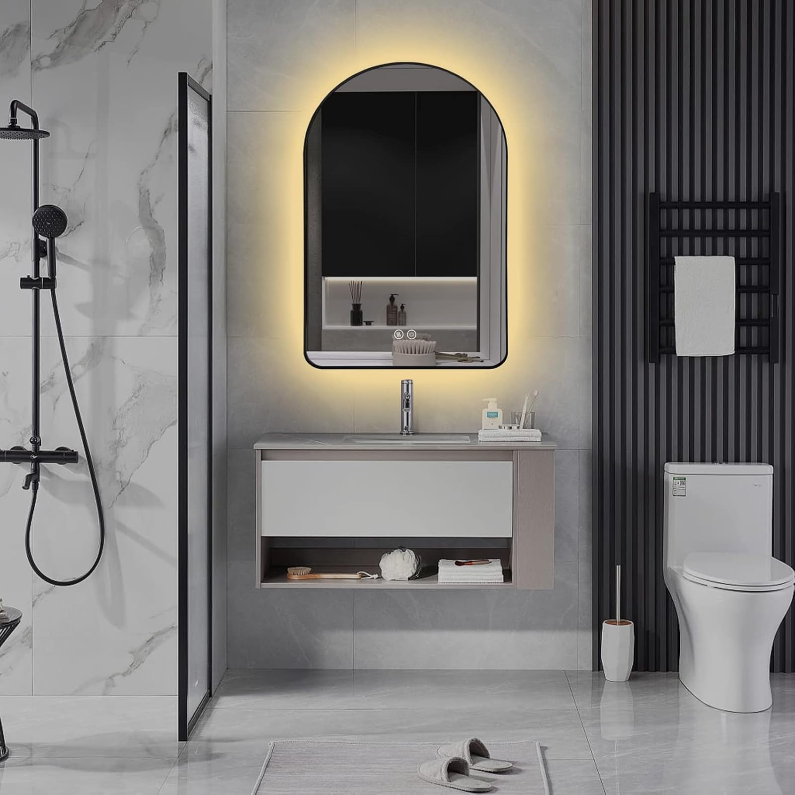 Specchio da Bagno Illuminato, antiappannante Intelligente, Ovale, a Parete, a LED, infrangibile, con Funzione Memoria, Illuminazione a 3 Colori, Design Compatto (Nero)