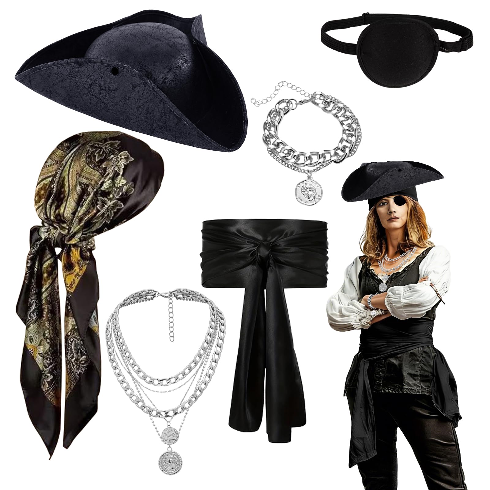 ZhuXIXILiang 6pcs Pirate Costume Accessories Set Pirate Fancy Dress with Hat Bandana Head Scarf Sash Eye Patch Belt Necklace Bracelet for Cosplay Party Medieval Renaissance Pirate Costume (black)
