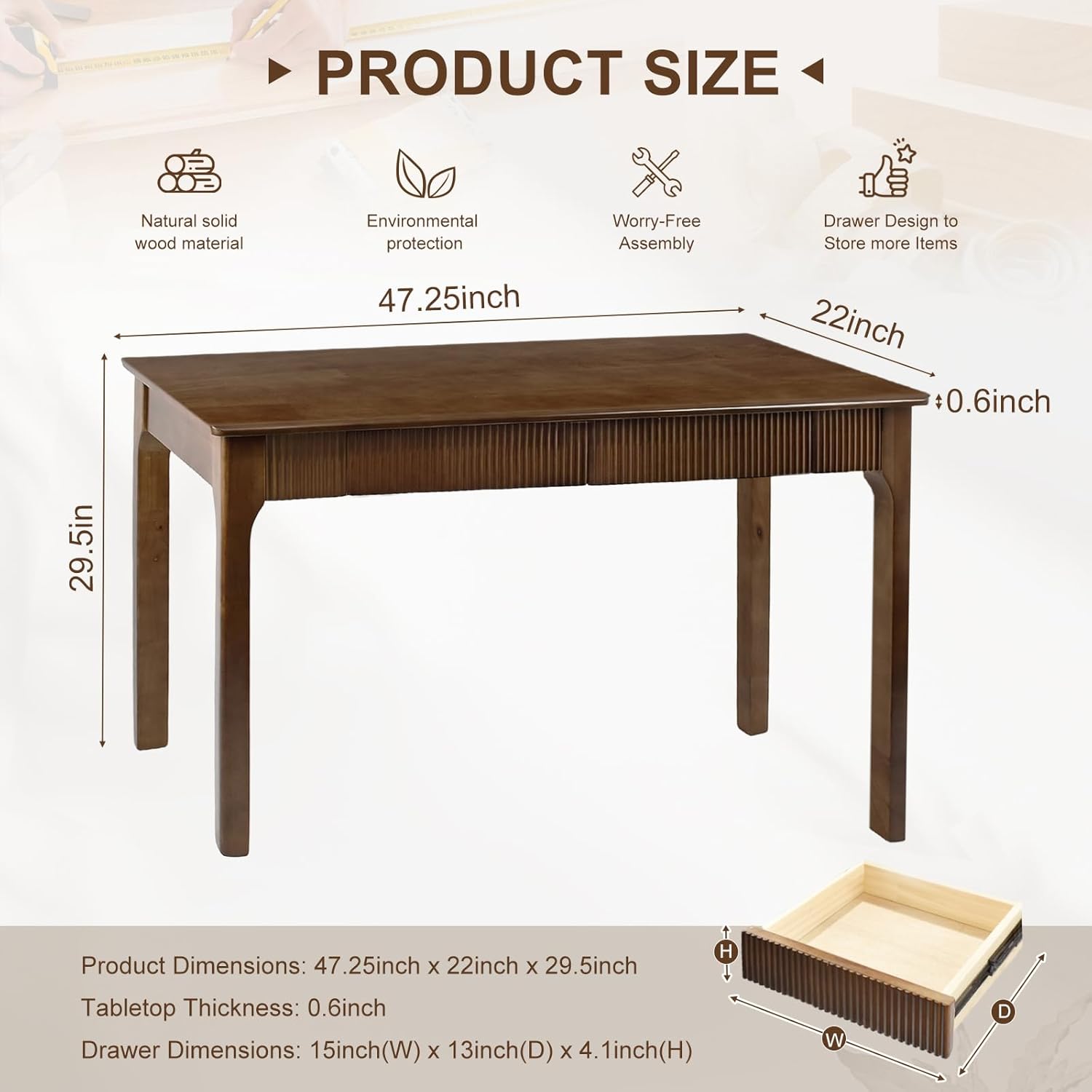 Solid Wood Desk with 2 Drawers,Mid Century Modern Fluted Writing Desk for Home Office,Bedroom,Living Room,450LBS Capacity,Computer Table for Study/Work,oak wood,Easy Assembly. (Walnut, 47.2 Inch)