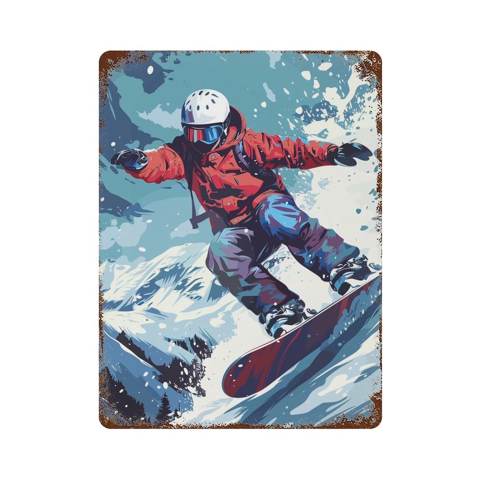 Snowboard Skiing Rust Effect Tin Sign 15.7"x11.8", Industrial Home Decor for Bistro, Counter And Cafe Decor