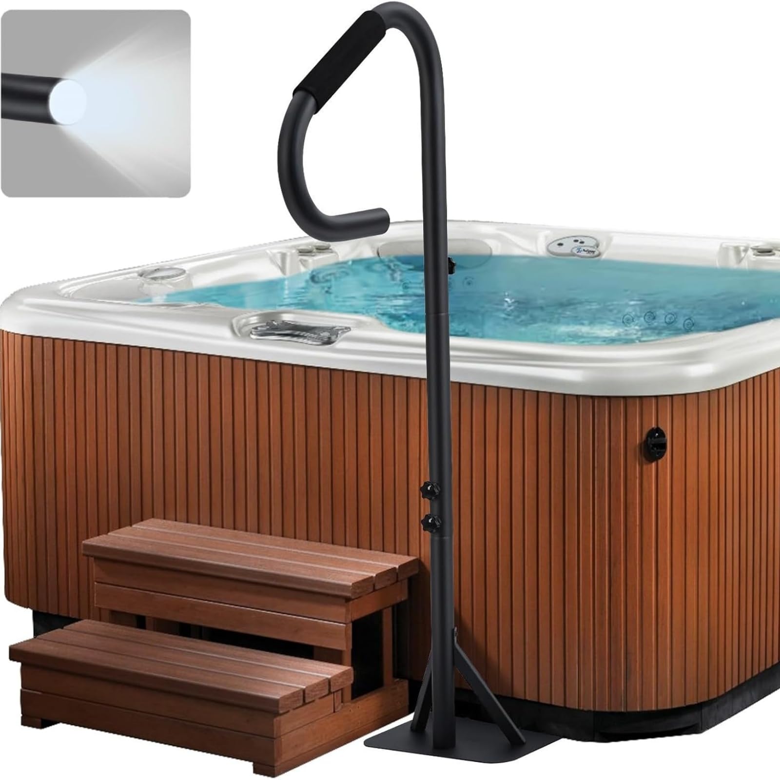 Jaccuzie zewnętrzna, poręcz spa ze światłami LED, pojemność 270 kg, 4-osobowa sztywne spa 143 x 50 x 14,8 cm, obrotowa o 360° rampa boczna z regulowaną wysokością