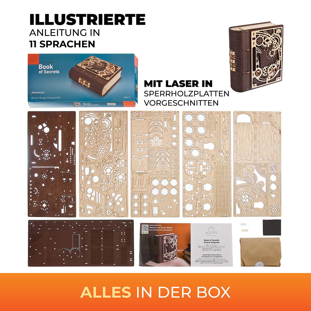 UGEARS Holzmodellbausätze zum Zusammenbauen – Buch der Geheimnisse 3D Holzpuzzles für Erwachsene mit Steampunk-Kombinationsschloss – Mechanische Puzzlebücher für Erwachsene 263 Teile