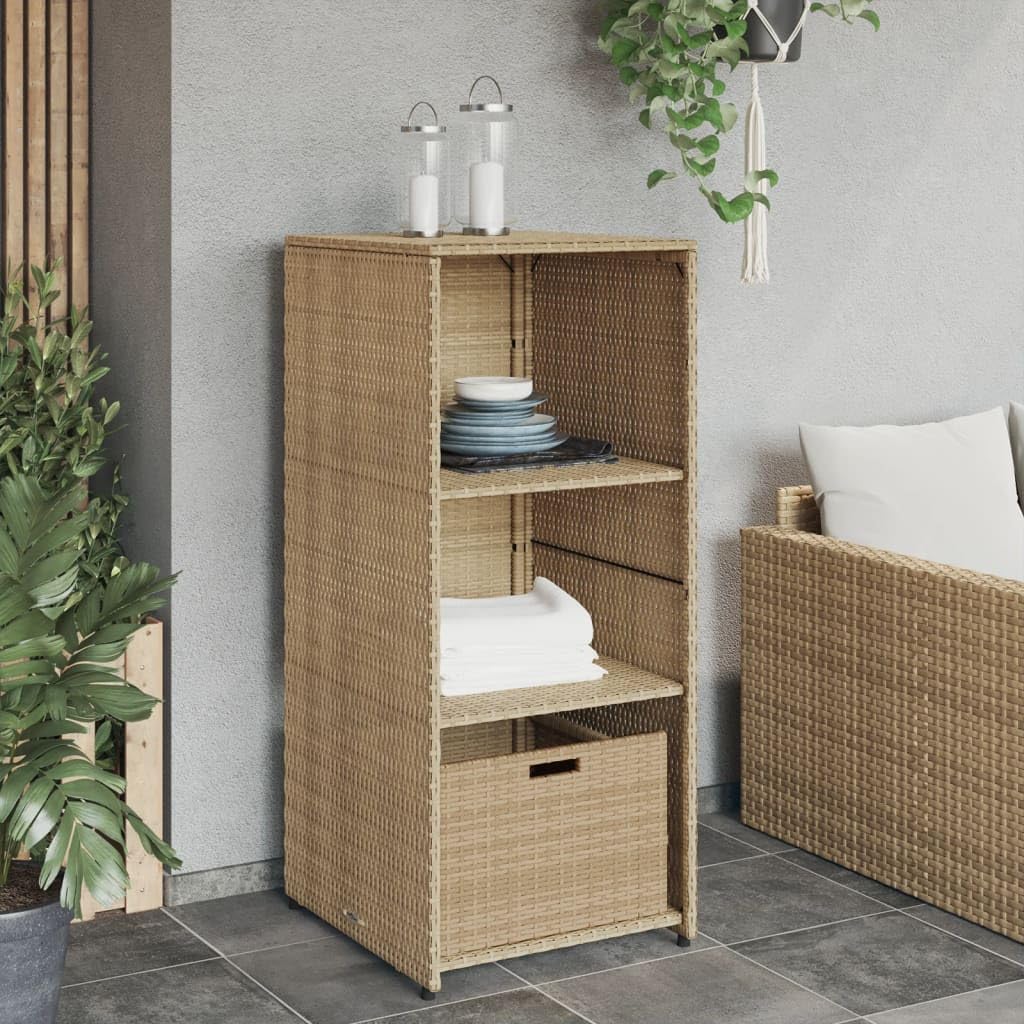 Szafka ogrodowa, beżowa, polirattanowa z malowaną proszkowo ramą stalową, 50 x 55 x 115 cm, do użytku na zewnątrz, pudełko do przechowywania, na taras, balkon, do basenu, z dużą ilością