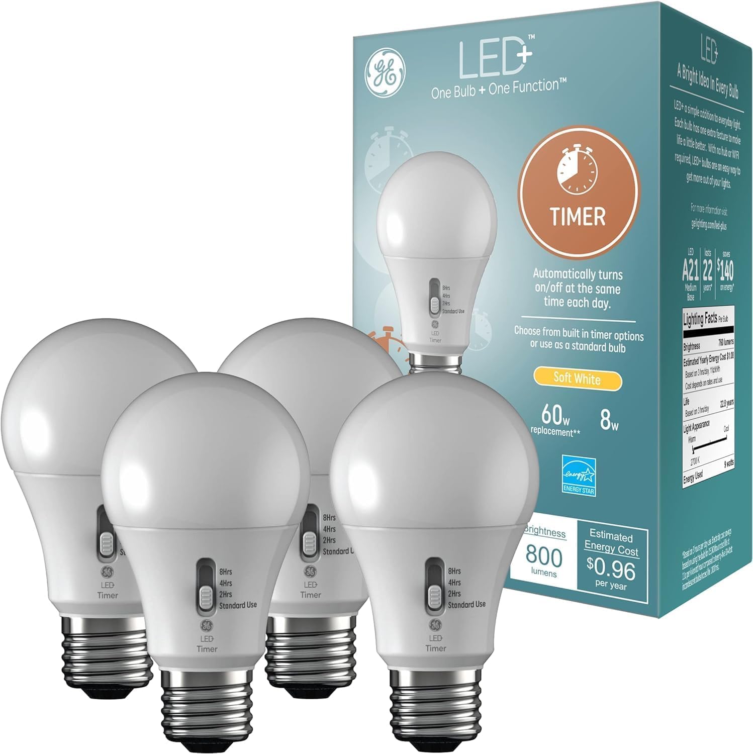 GE LED Timer A19 LED Light Bulbs Built-in Automatic Indoor Timer Light 8W Soft White 4 Pack