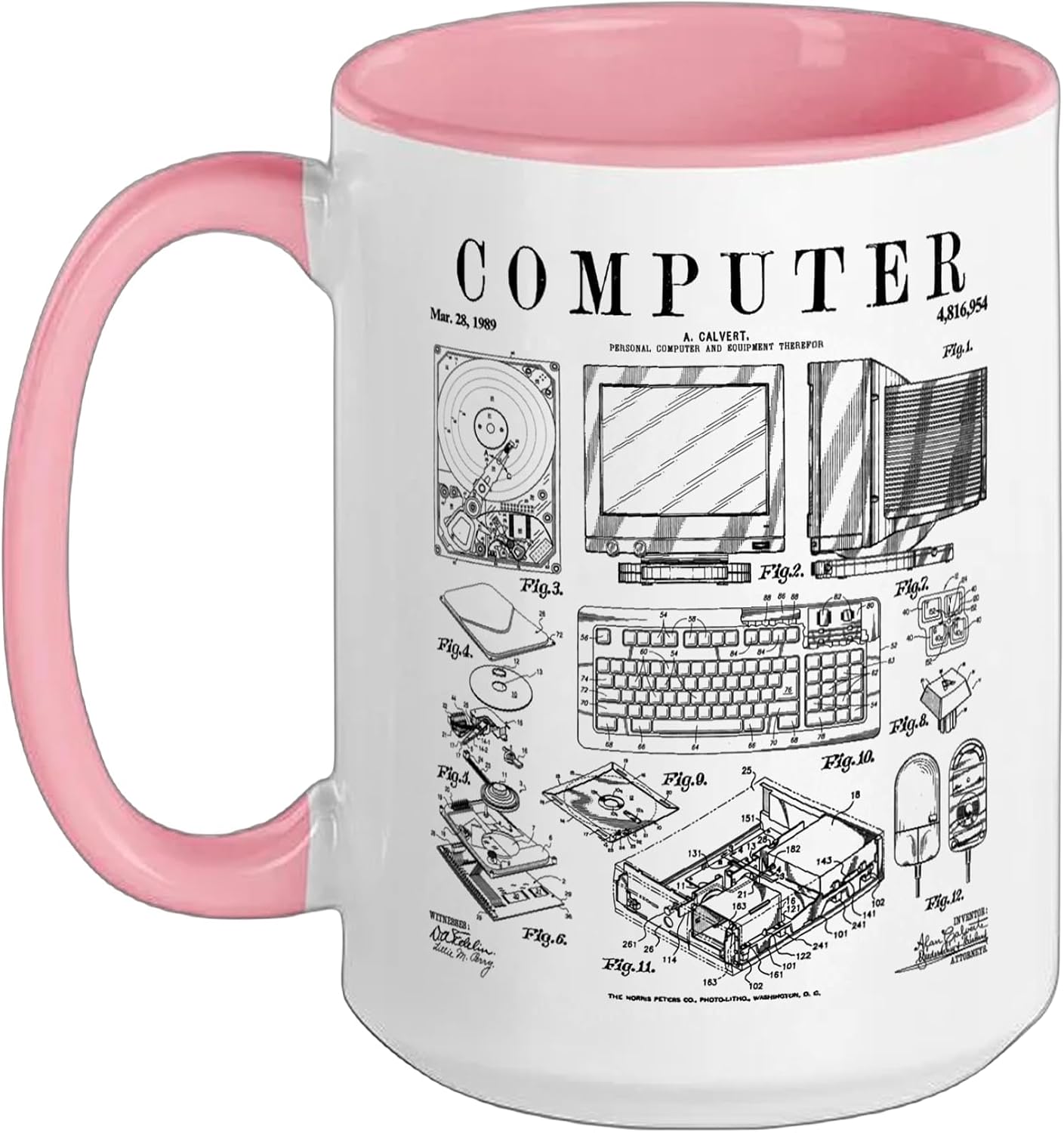 Computer Gamer Geek Vintage IT PC Hardware Patent Print Ceramic Mug, Pink/White, 15oz