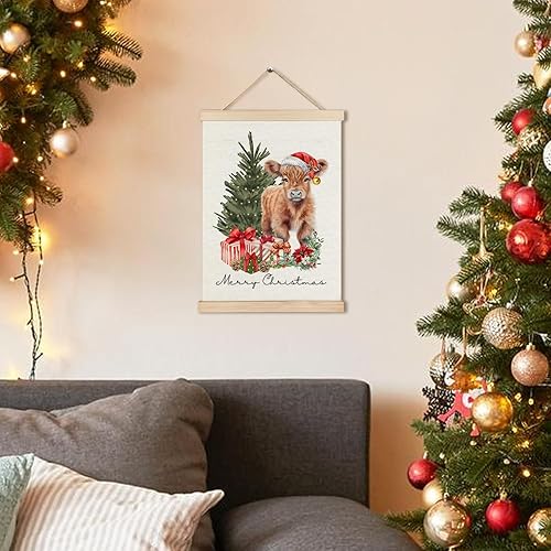 Miniatura 4 de RYYCDOI Decoración navideña de vaca occidental, arte de pared de vaca de las tierras altas de Feliz Navidad, decoración de pared de Navidad de vaca