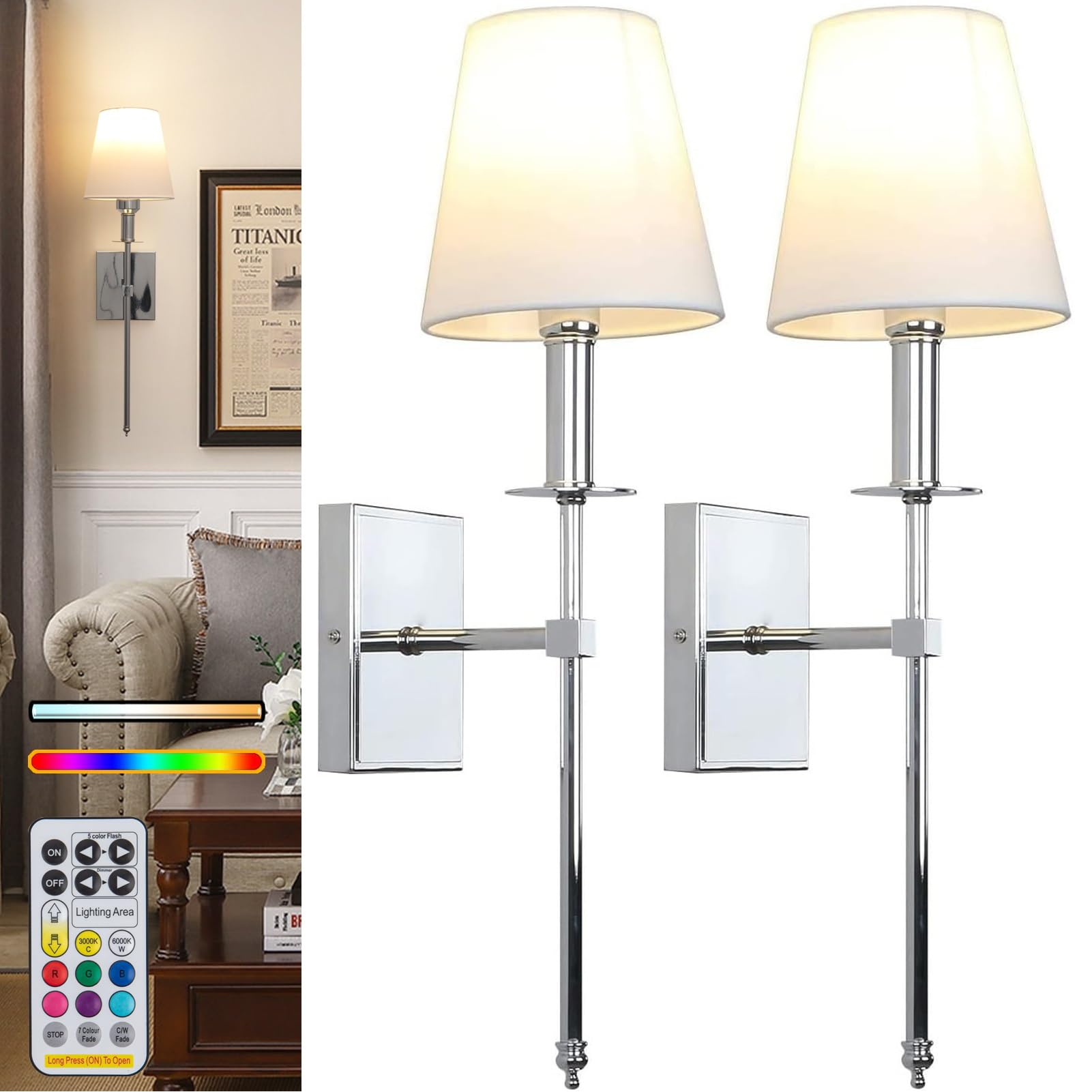 Jengush Chrome Wall Lights Battery Operated Wall Sconces Set Of 2,Gold Rechargeable Wall Light With Wireless Remote Dimmable,10 Colors Modes Cordless Battery Sconce Indoor Wall Lamp For Bedroom Living Room Hallway(C