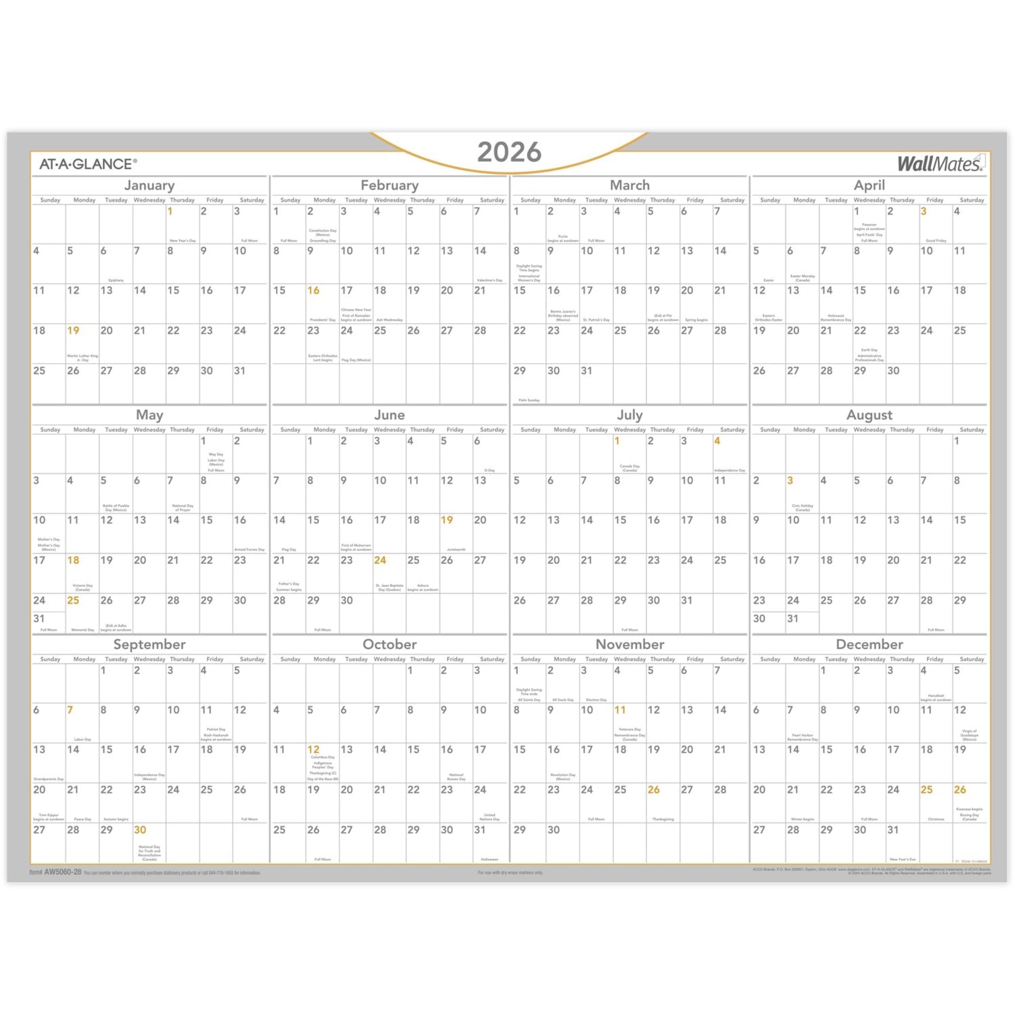 AT-A-GLANCE® WallMates 2026 Calendario annuale autoadesivo cancellabile a secco, grande, 61 x 45,7 cm