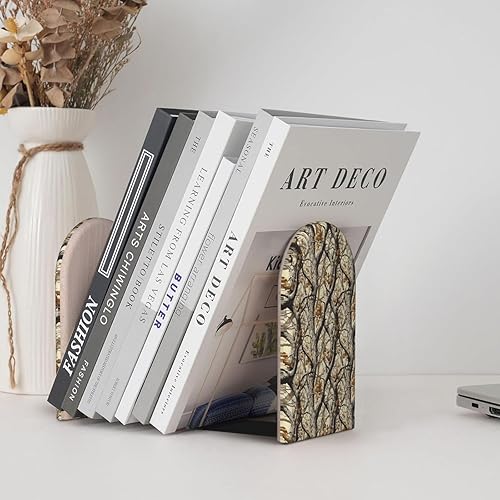 Miniatura 6 de Book Ends for Shelves 1 Pair - Retro Branches Print Wood with Metal Base Bookends for Heavy Books, Book Stand Organizer Holder for Books Movies Cds