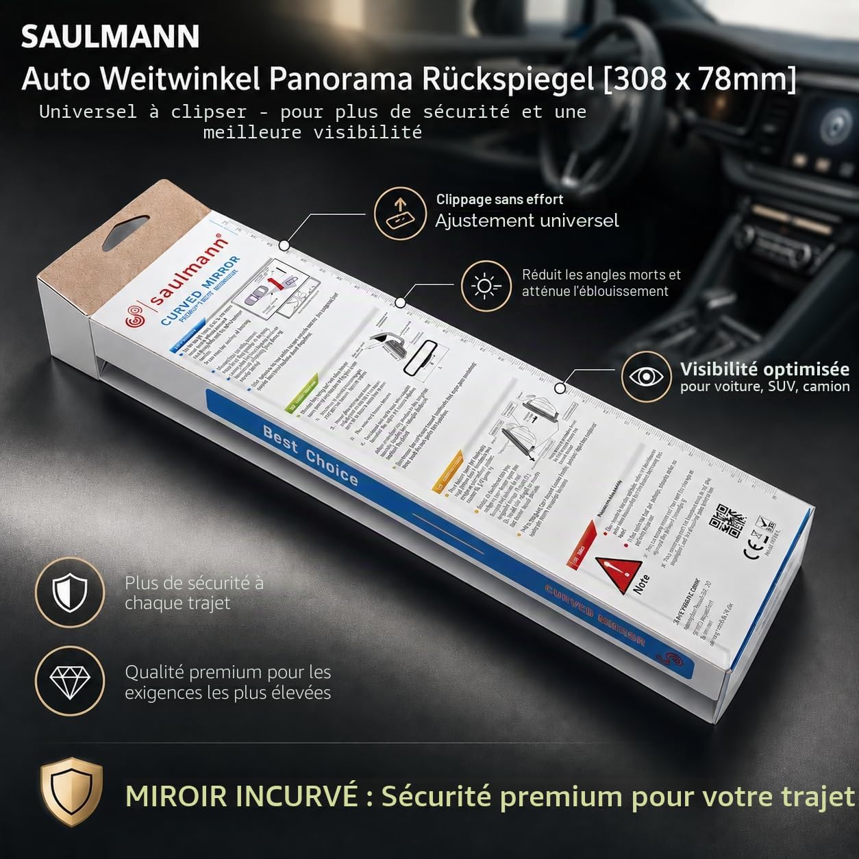SAULMANN Rétroviseur panoramique pour voiture - Grand angle - 308 x 78 mm - Universel à clipser - Protection contre l'éblouissement - Bonne solution pour les angles morts - Pour voitures, SUV, camions