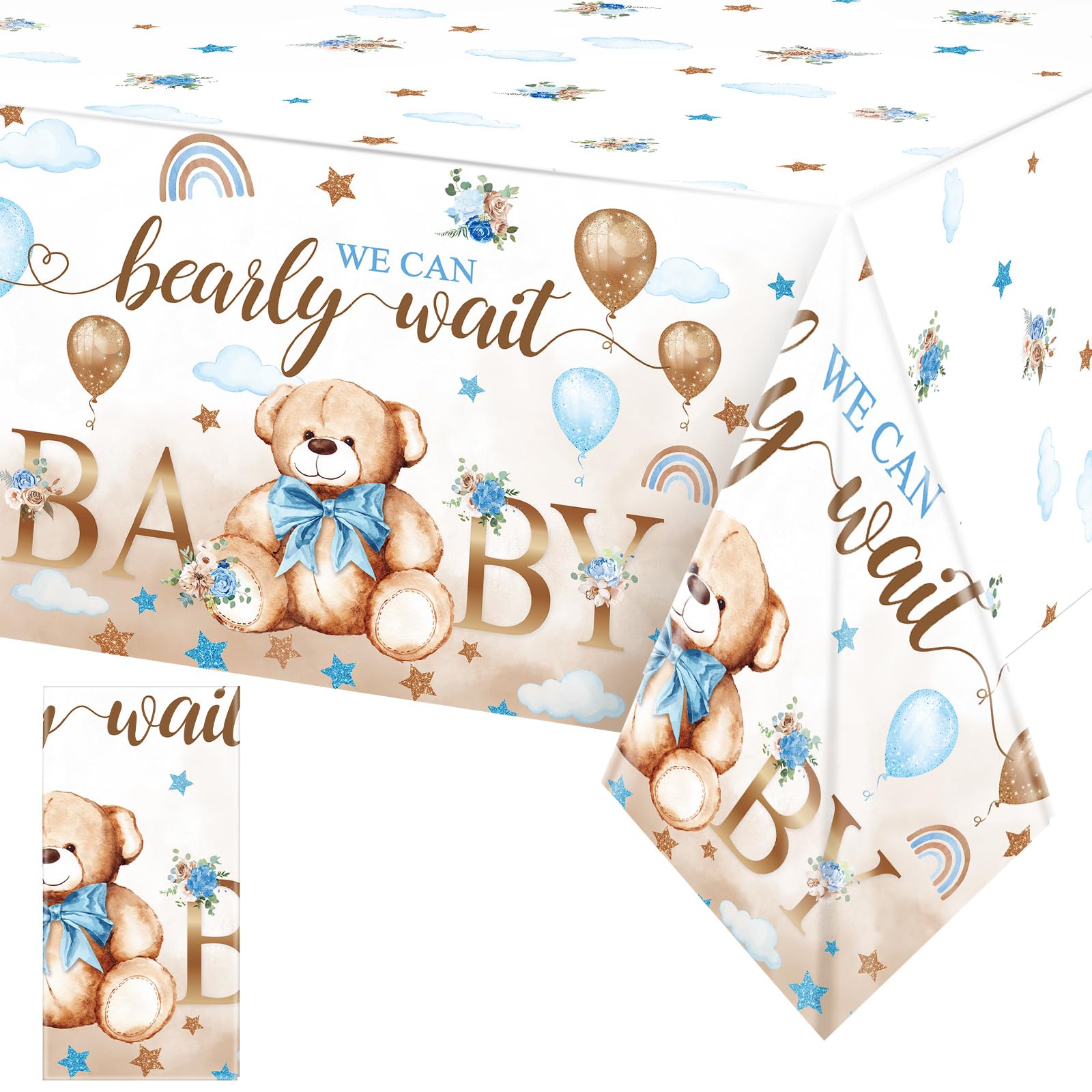 Tegeme 1 Pack Bear Baby Shower Tablecloths 54 x 108 Inch, Brown Blue