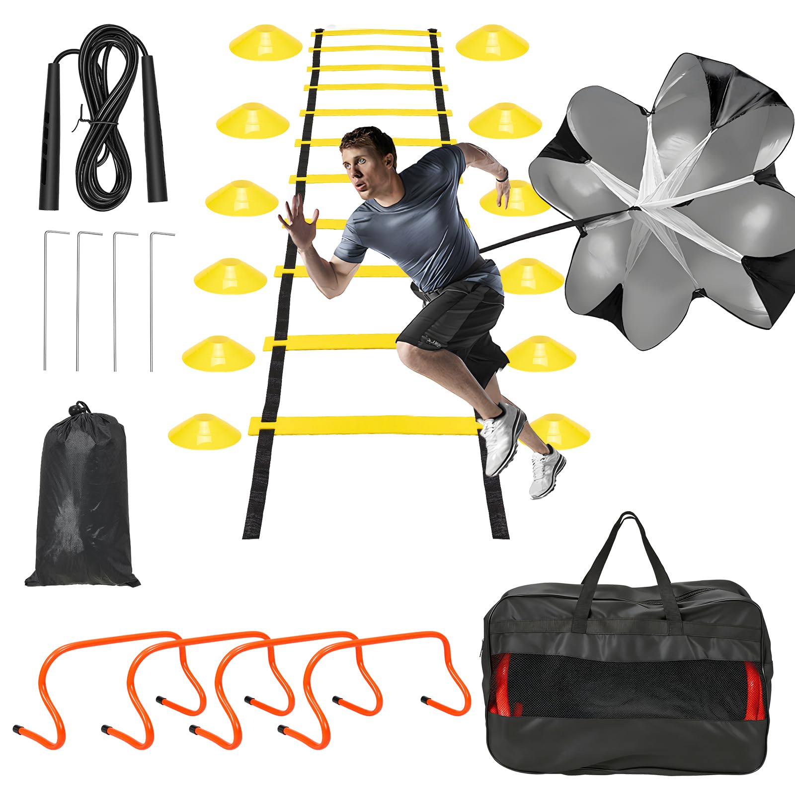 Juego completo de entrenamiento de fútbol, con escalera de coordinación (6 m), 12 conos, obstáculos extraíbles, cuerda de saltar, bandas de resistencia y paraguas, accesorio de entrenamiento ideal