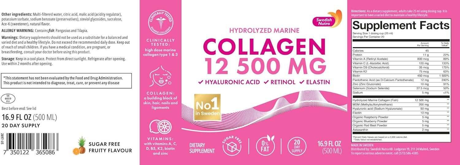 Swedish Nutra 12,500mg Liquid Marine Collagen Hydrolyzed Peptide (Type 1 & 3) | 20 Day Supply, 500 ml | Hyaluronic Acid, Biotin & Vitamins for Hair, Skin, Nails & Joints | For Men & Women | Sugar Free