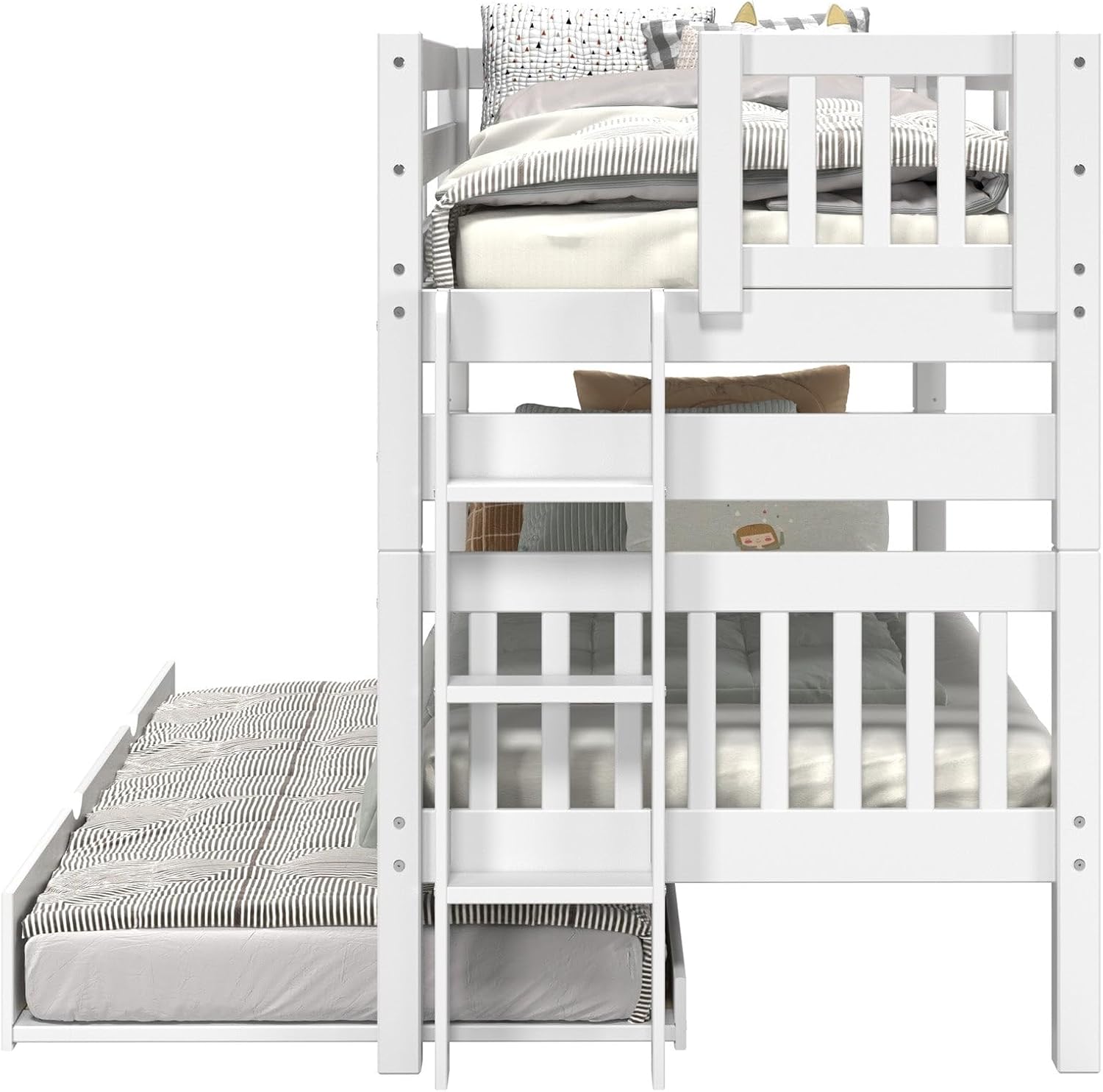 Bedz King Bunk Beds Twin Over Twin Mission Style, End Ladder and a Twin Trundle, White