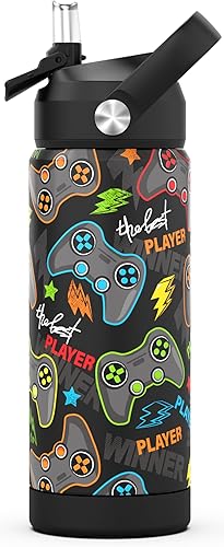 Botella de agua para niños con popote, vasos aislados de acero inoxidable de 18 onzas con popote, a prueba de fugas, para la escuela, deportes y