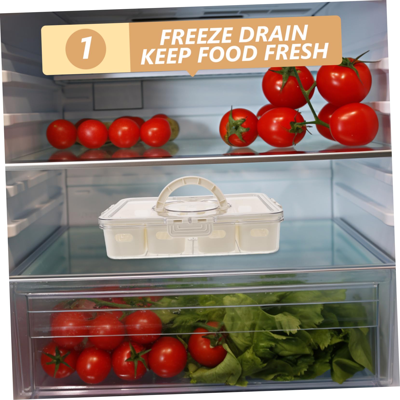 LIFKOME Caja Organizadora para Verduras y Frutas Engrosada Pet, Compartimentos Divididos, Tapa Hermética, para Refrigerador y Congelador, Uso Doméstico y Picnic, 4 Compartimentos Asa Portátil