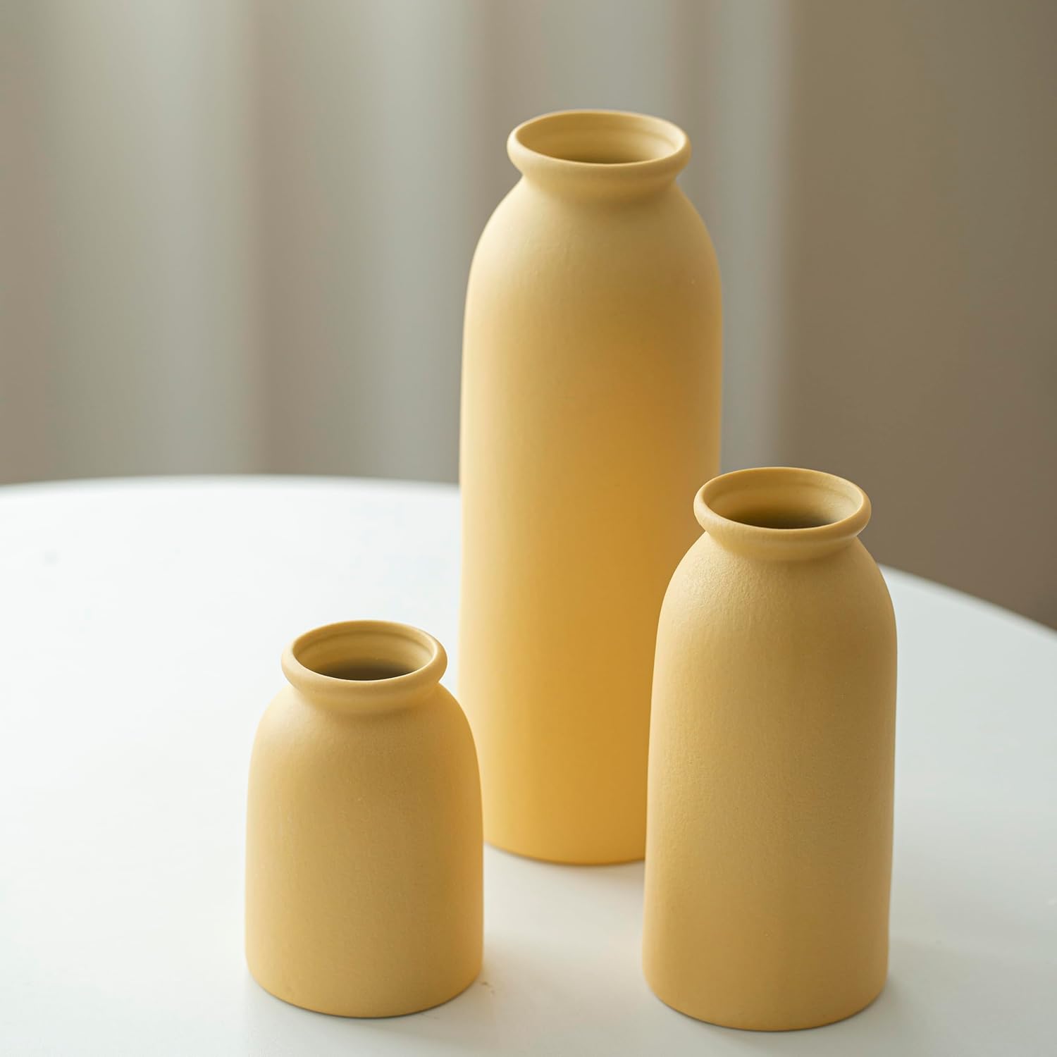 Ceramic Vase Set-3, Small Flower Vases for Decor, Modern Boho Farmhouse Style, Decorative Vases for Pampas Grass & Dried Flowers, Distressed Finish (Yellow) - Image 3