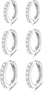 3Pairs Sterling Silver Hoop Earrings Set 5A Cubic Zirconia Huggie Hoop Earrings Ear Cuff Tiny Piercing Hoop Jewelry Small Cartilage Hoop Earrings for Women Men 8/10/12MM