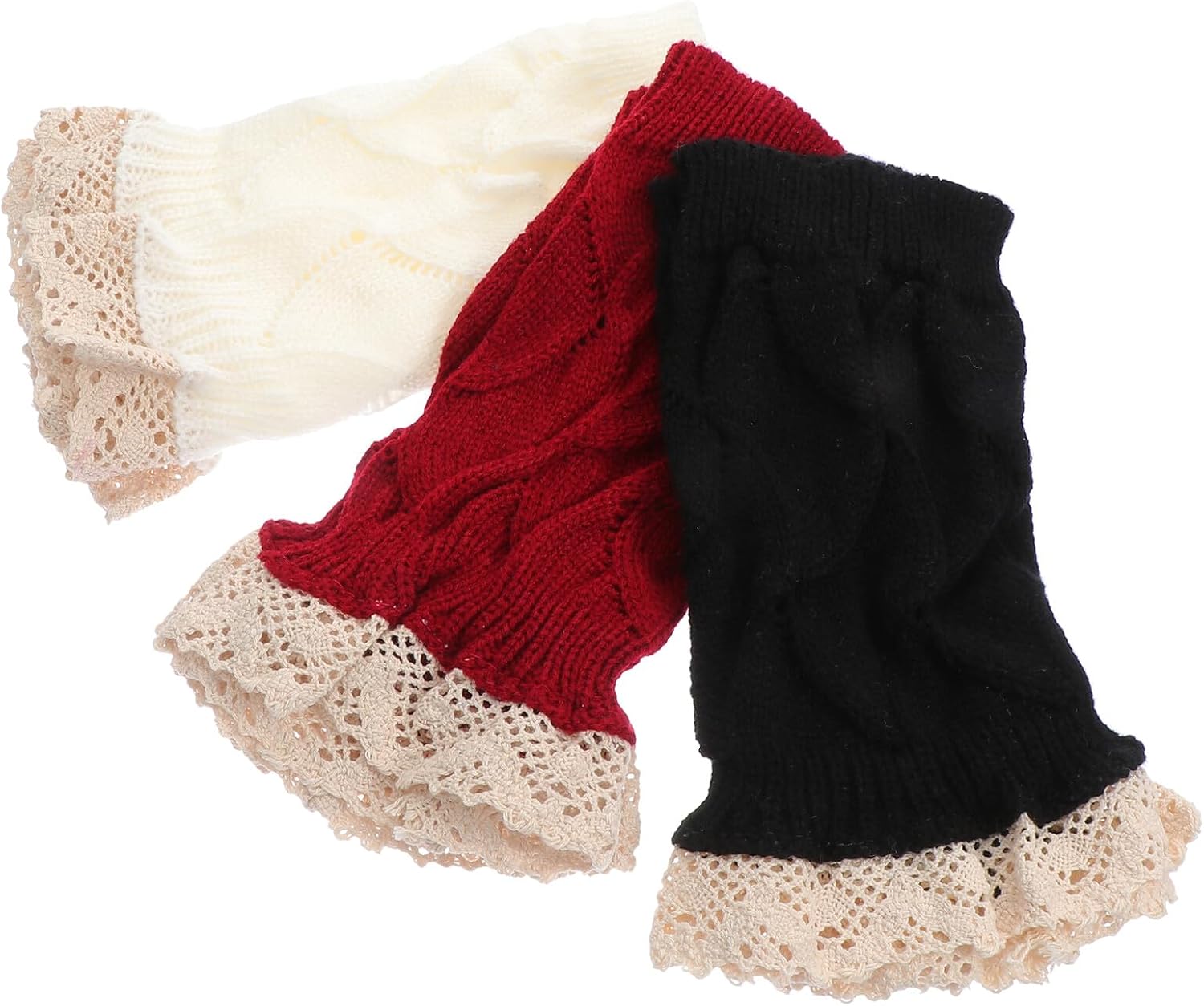 3 Pairs Lace Leg Covers Leg Sleeves Leaf Hollow Knit Pattern Versatile for Outdoor Use in Black White and Wine Red