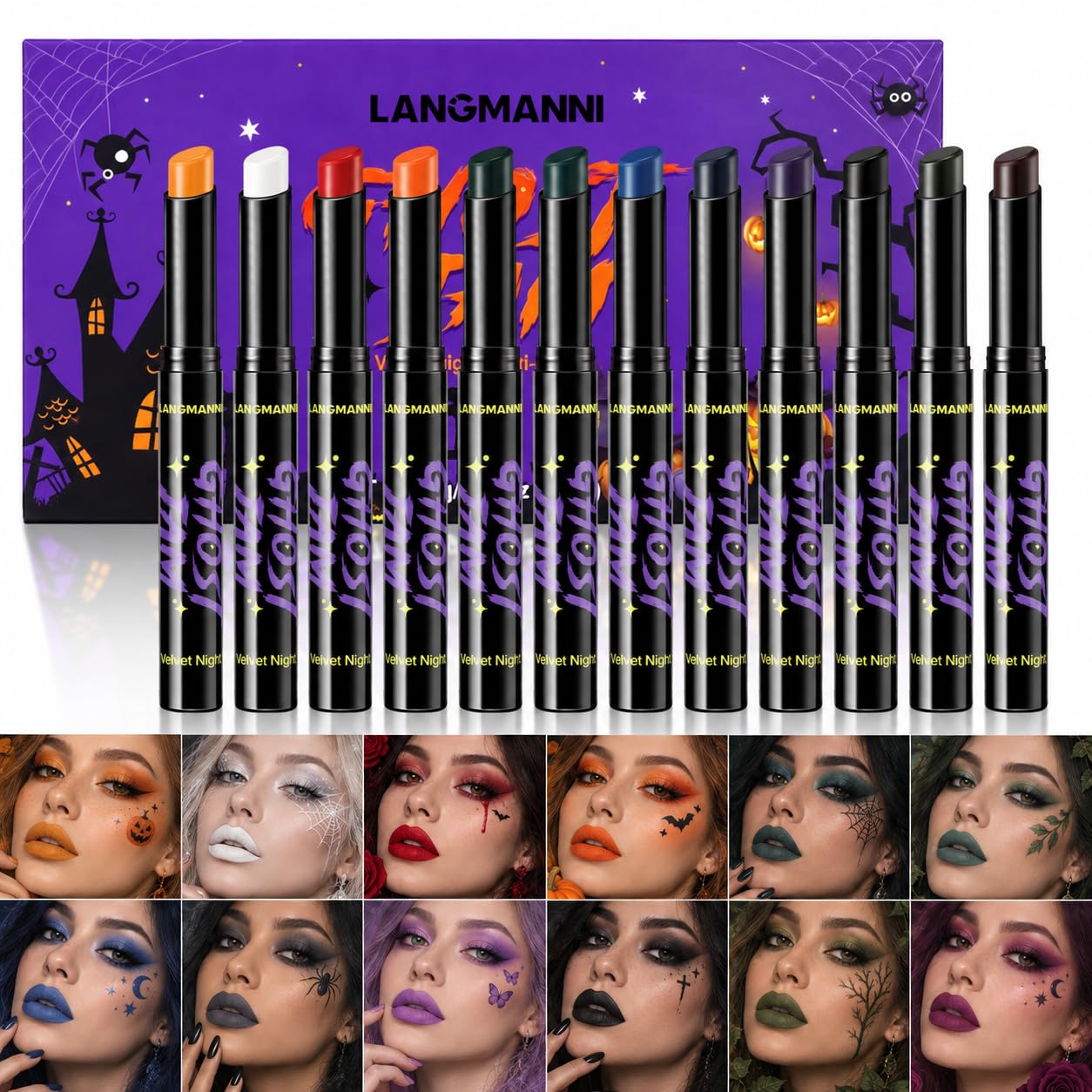 12 Colors Halloween Lipstick Set, Multi-Use Makeup Sticks for Lips & Face