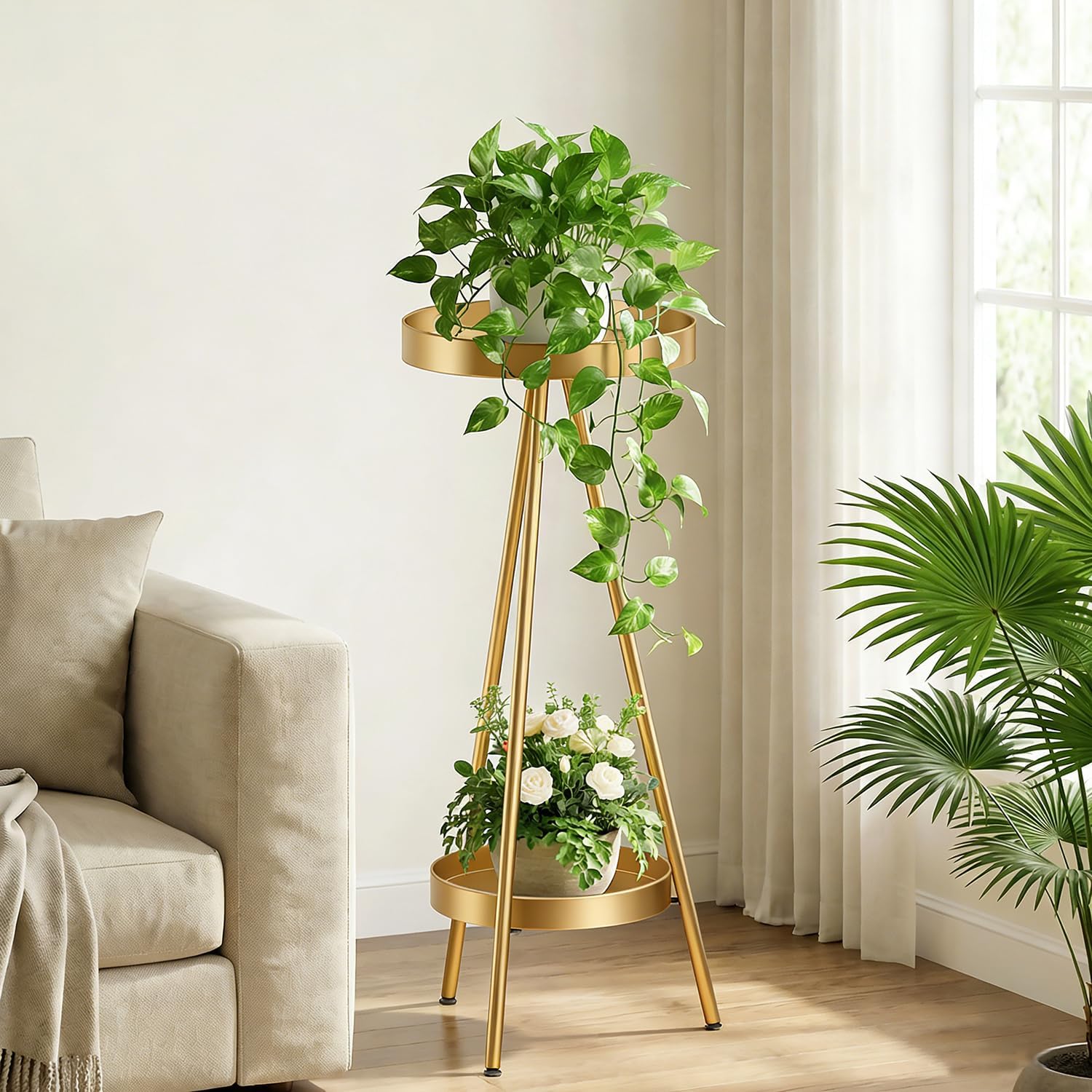 Tall Plant Stand Indoor, 2 Tier Round Potted Holder Rack, Black Modern Iron Corner Plant Stand, 31.5 Inch Heavy Duty for Small Spaces, Bedroom & Balcony