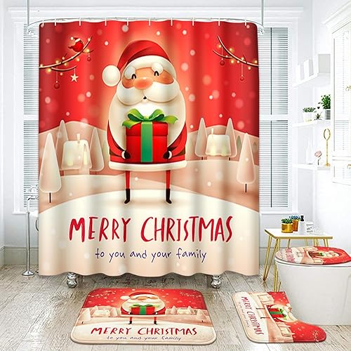 Miniatura 6 de Emvency Juego de 4 cortinas de ducha de Navidad, Papá Noel con cortina de ducha de regalo con alfombras antideslizantes, cubierta de tapa de inodoro