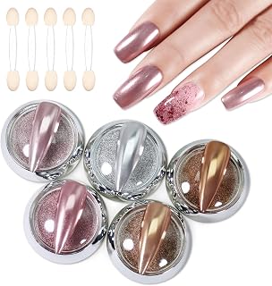 5 Pcs Chrome Nail Powder Metallic Magic Mirror Effect Holographic Nails Glitter Pigment Dust Kit for Gel Polish Manicure Art Decoration Rose Gold Silver with Tool