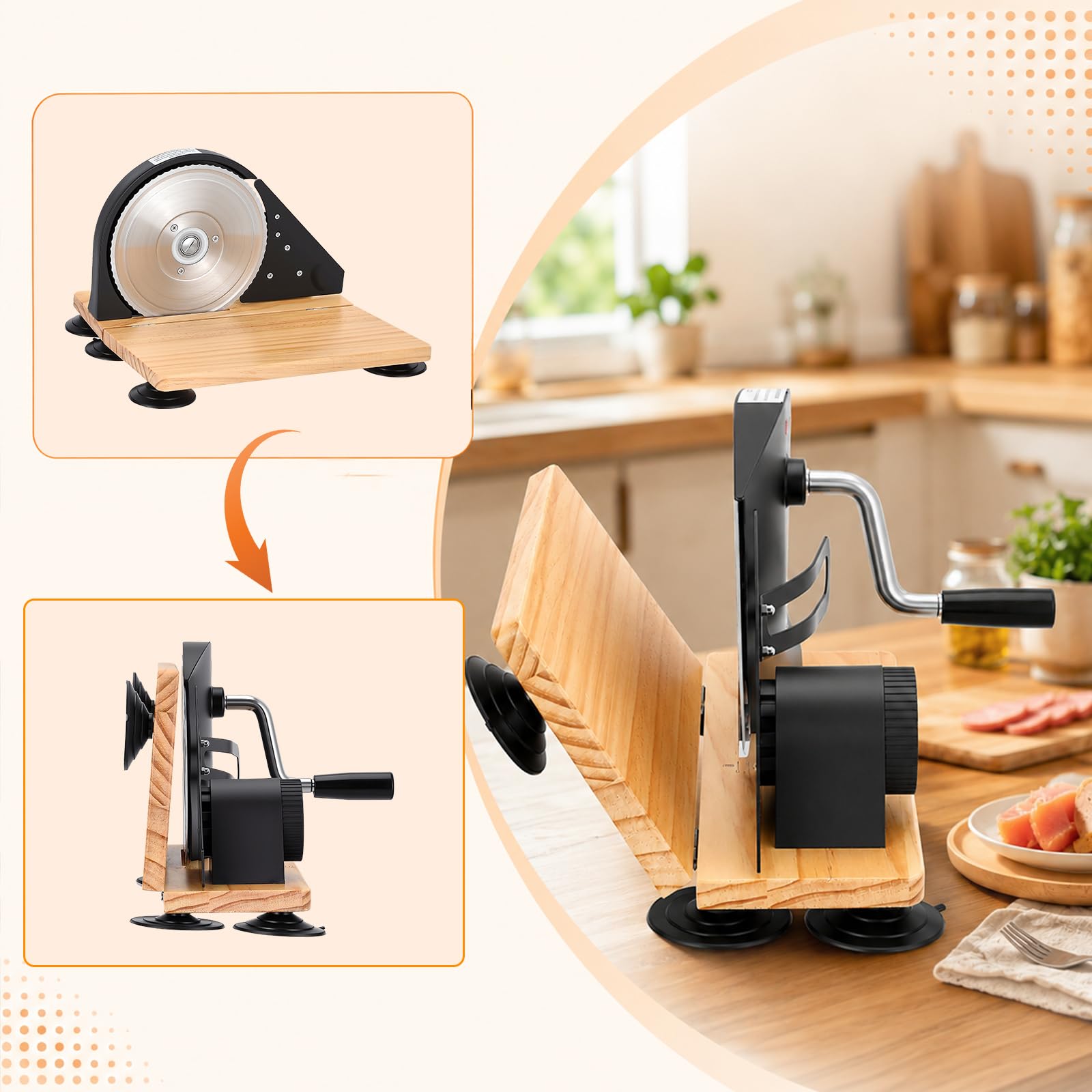Rebanadora Pan, Rebanadora Multiusos Manual y Plegable Cortador Pan Acero Inoxidable 304 Manivela Manual Ventosas Escala Grosor Rebanada Ajustable Quesos pan y Verduras Base Reforzada Madera Maciza