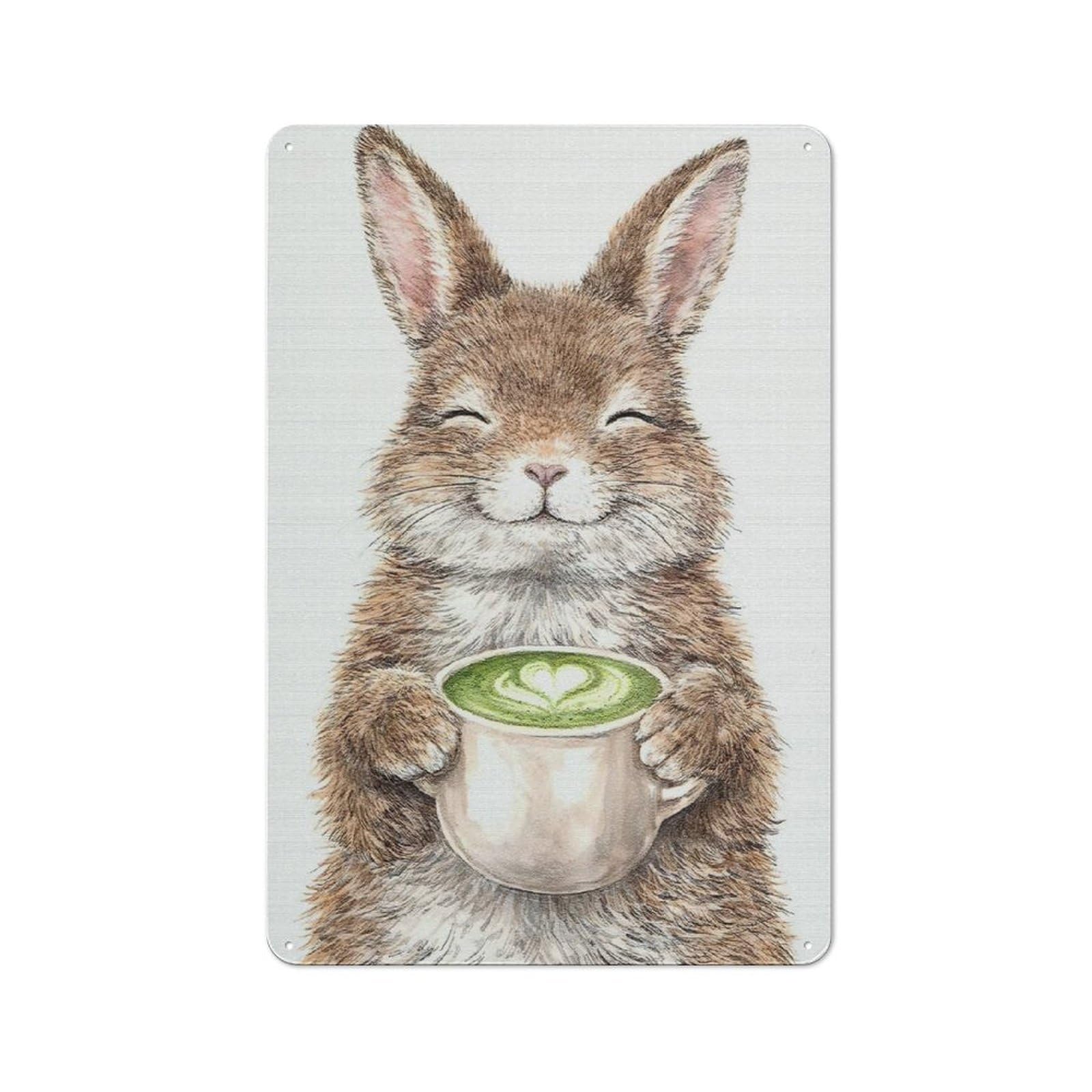 Junmoney Style-6 Cute Bunny Holding Matcha Latte Clean Industrial Metal Wall Decor 30X20cm, Decorative Metal Plaque For Workspace, Cafe, Hallway Or Garage